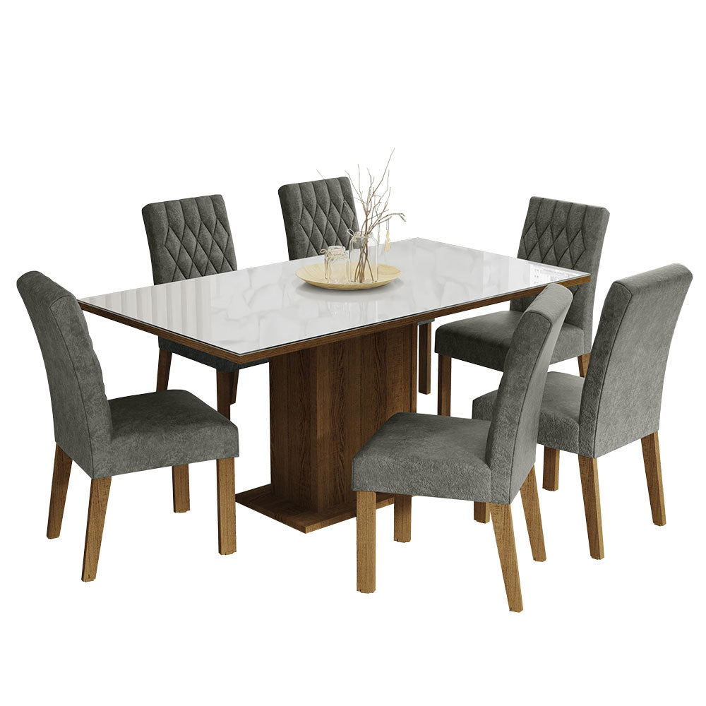Juego de Comedor Mesa Tapa de Vidrio 6 Sillas Marrón/Blanco/Silver Geórgia Madesa
