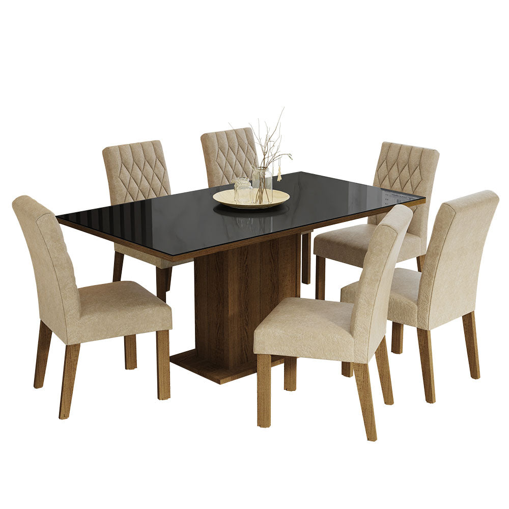 Juego de Comedor Mesa Tapa de Vidrio 6 Sillas Marrón/Negro/Imperial Geórgia Madesa
