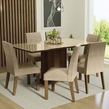 Juego de Comedor con Vidrio Sobrepuesto 6 Sillas Marrón/Crema/Imperial Alexis Madesa