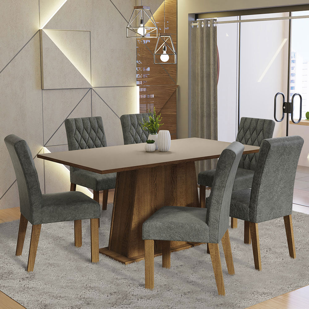 Juego de Comedor Mesa Tapa de Madera 6 Sillas Britney Madesa Marrón/Crema/Plata