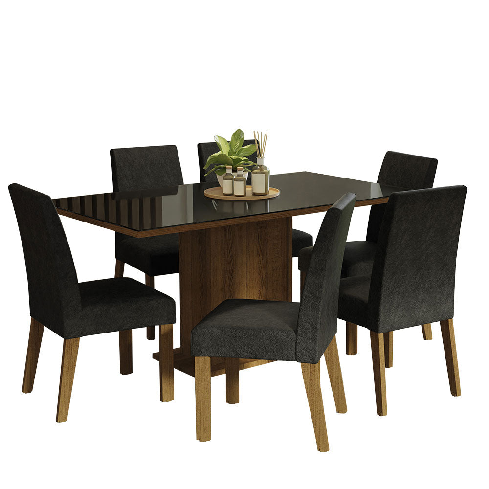 Juego de Comedor Alexis Mesa Rectangular Tapa de Vidrio con 6 Sillas Oxford 07 Marrón/Negro Madesa