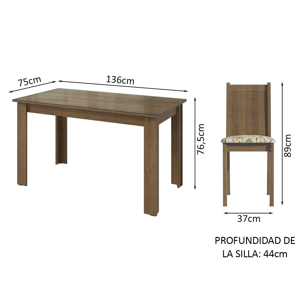 Juego de Comedor Mesa Tapa de Vidrio 6 Sillas Marrón/Lirio Beige Isla Madesa