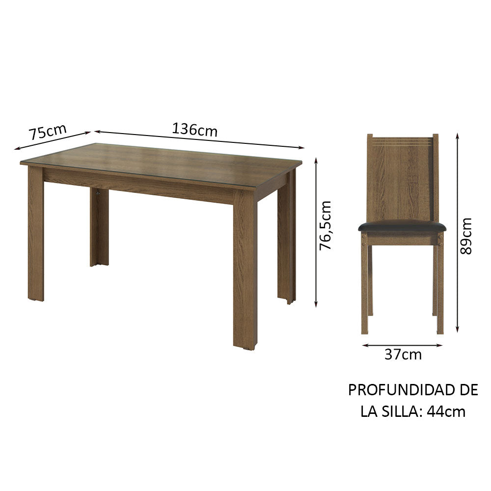 Juego de Comedor Mesa Tapa de Vidrio 6 Sillas Marrón/Sintético Negro Isla Madesa