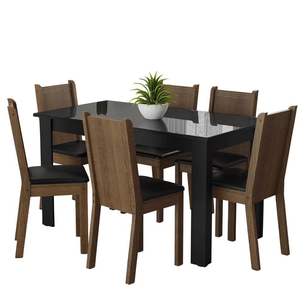Juego de Comedor Mesa Tapa de Vidrio 6 Sillas Negro/Marrón Isla Madesa