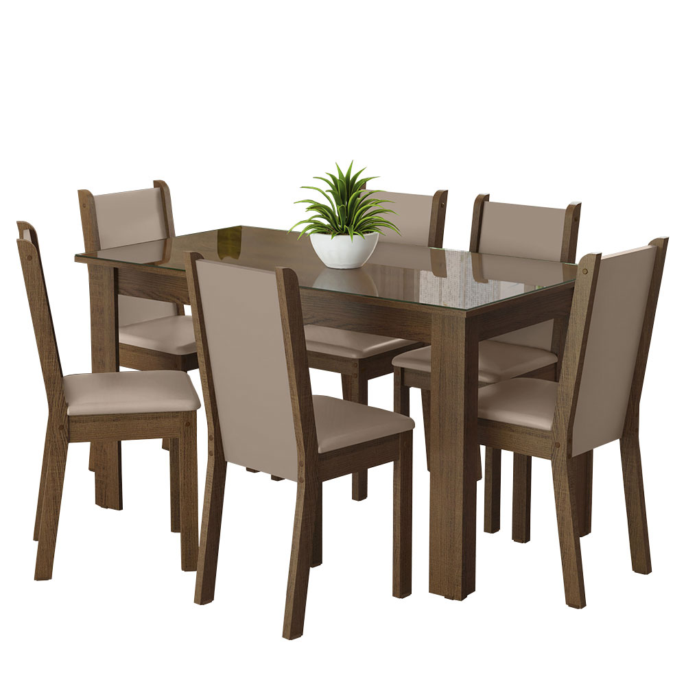 Juego Comedor Mesa con Tapa de Vidrio 6 Sillas Marrón/Crema/Beige Heloísa Madesa