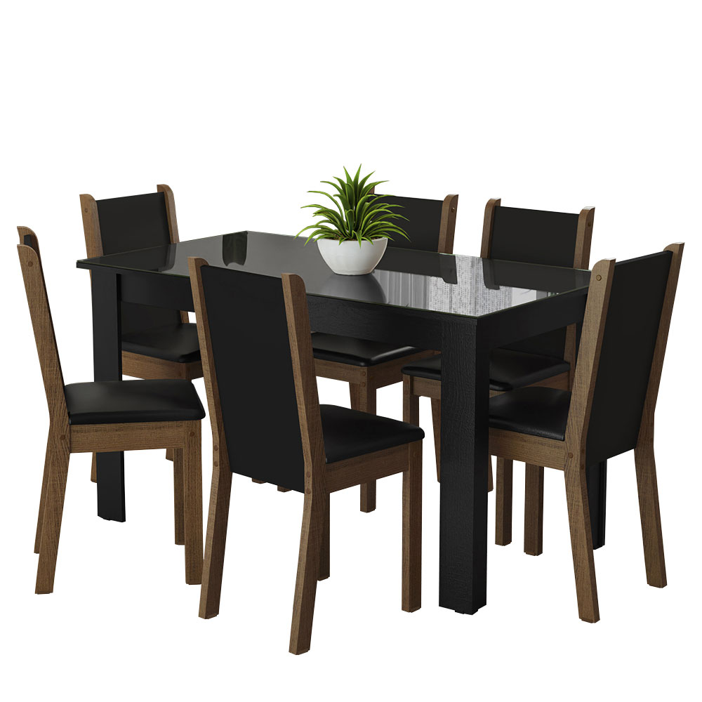 Juego Comedor Mesa con Tapa de Vidrio 6 Sillas Negro/Marrón Heloísa Madesa