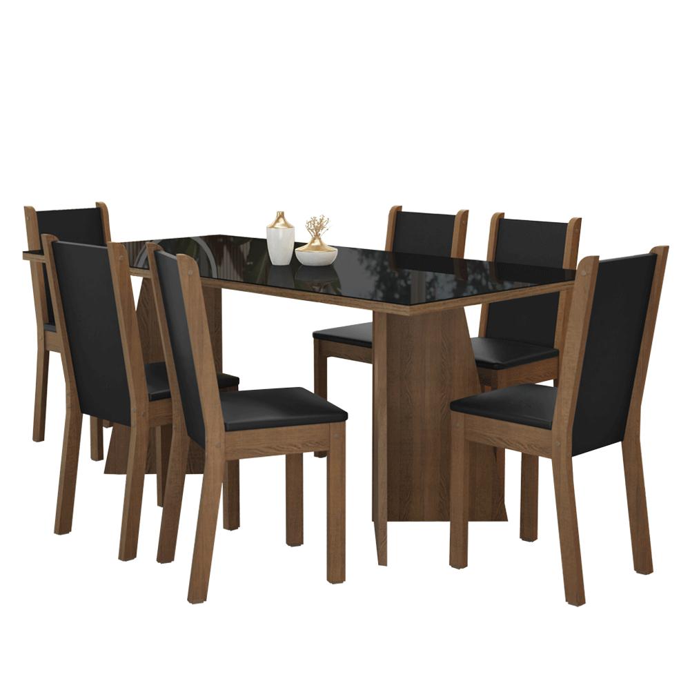 Conjunto Comedor Mesa Mesada de Vidro 6 Sillas Marrón/Negro Viola Madesa