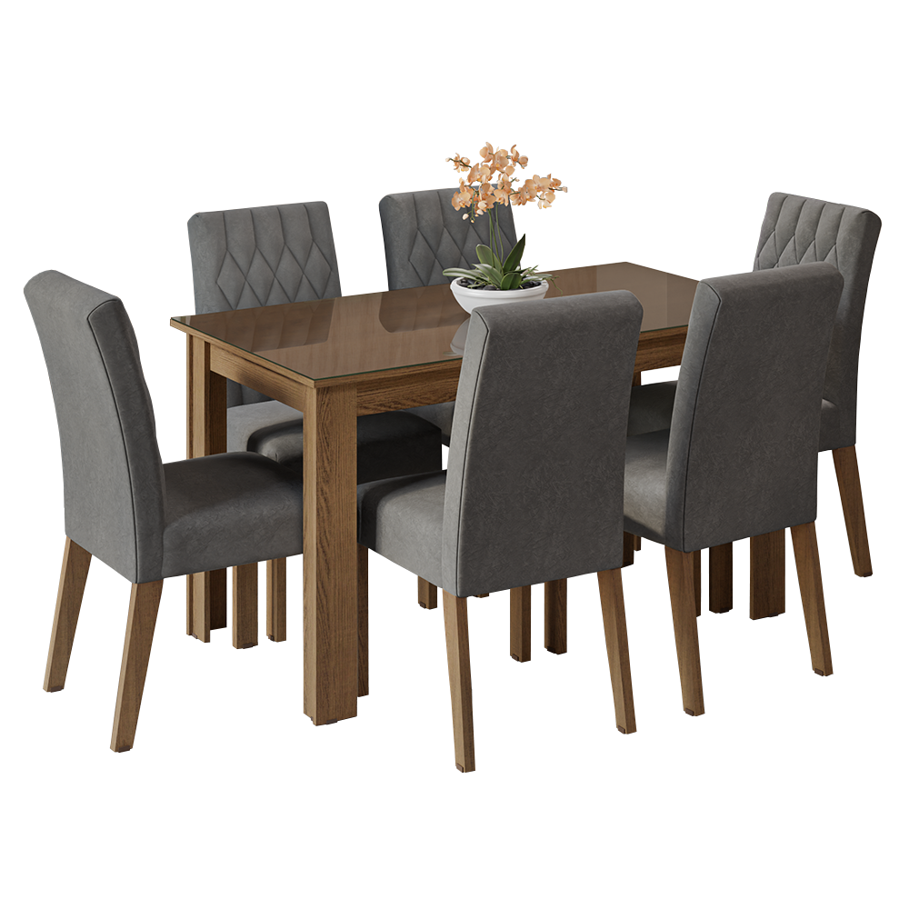 Juego de Comedor con Mesa de Tapa de Vidrio y 6 Sillas Marrón/Silver Odara Madesa