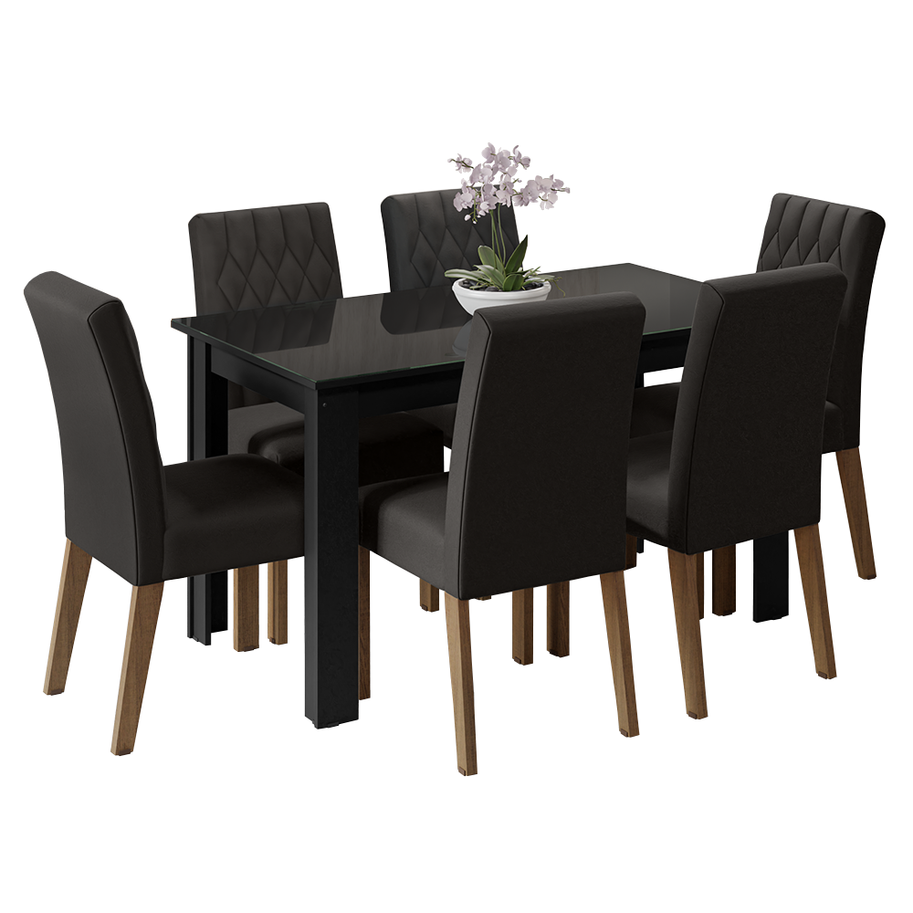 Juego de Comedor con Mesa de Tapa de Vidrio y 6 Sillas Marrón/Negro/Oxford Odara Madesa
