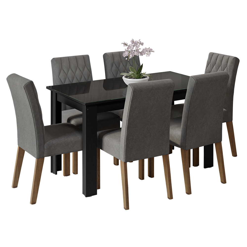 Juego de Comedor con Mesa de Tapa de Vidrio y 6 Sillas Marrón/Negro/Silver Odara Madesa