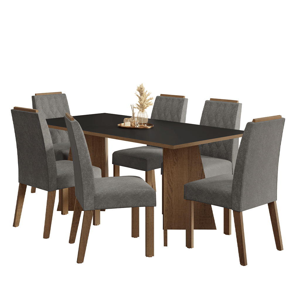 Juego de Comedor Mesada de Madera 6 Sillas York Marrón/Negro/Silver