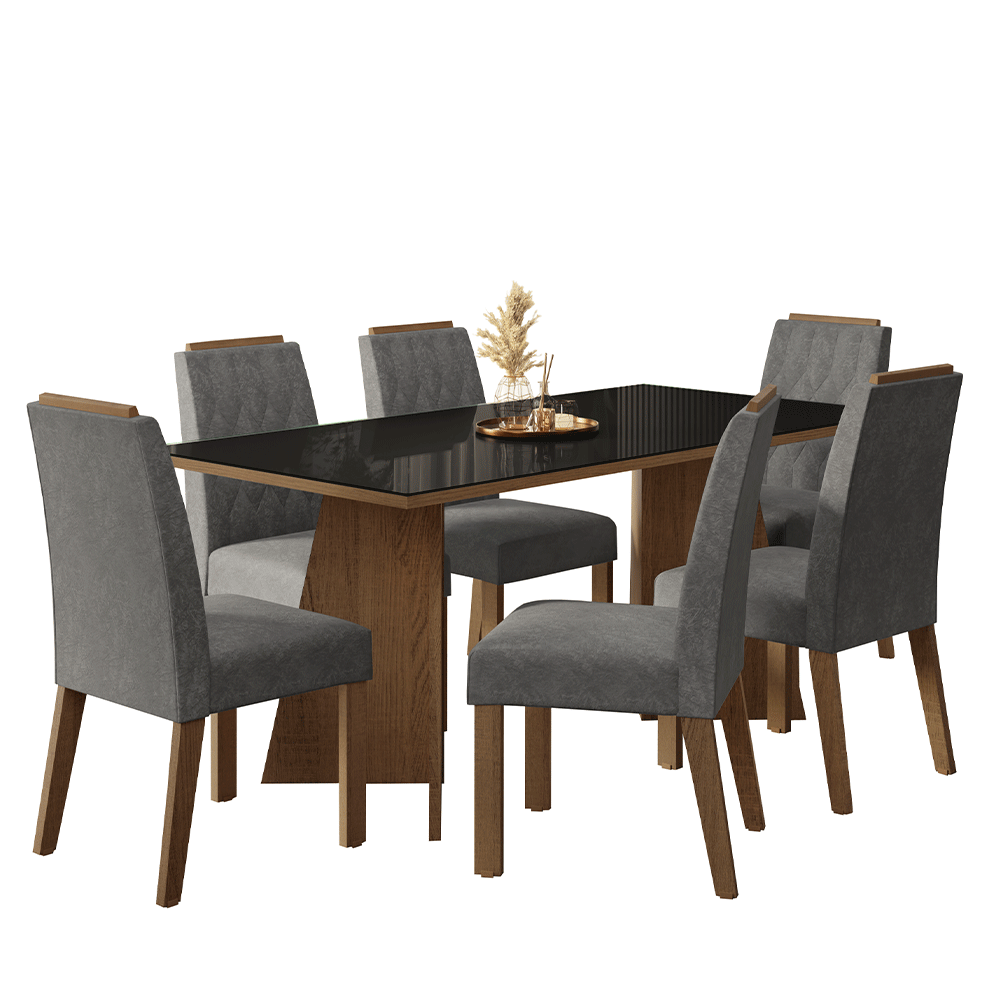 Juego de Comedor con Vidrio Sobrepuesto 6 Sillas Marrón/Negro/Silver Siena Madesa