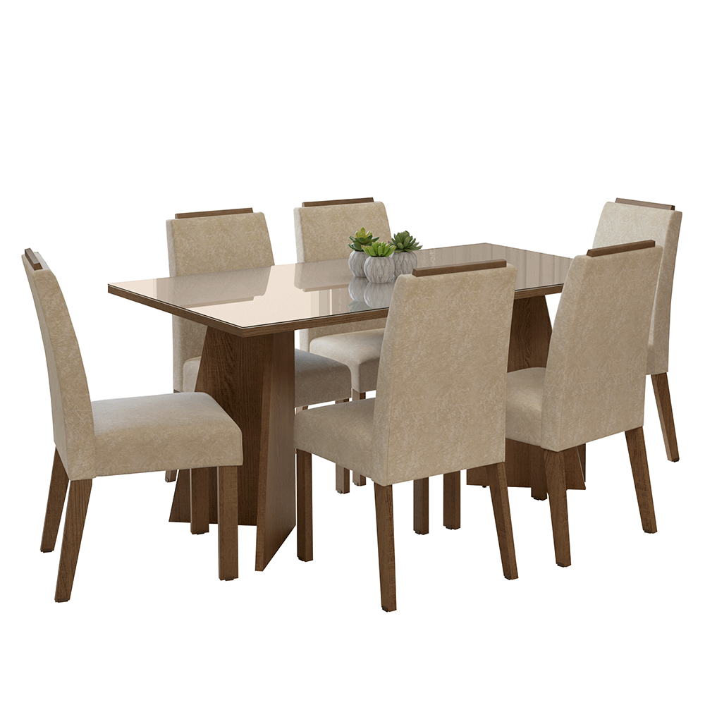 Juego de Comedor Mesada de Vidrio 6 Sillas Madrid Marrón/Crema/Imperial