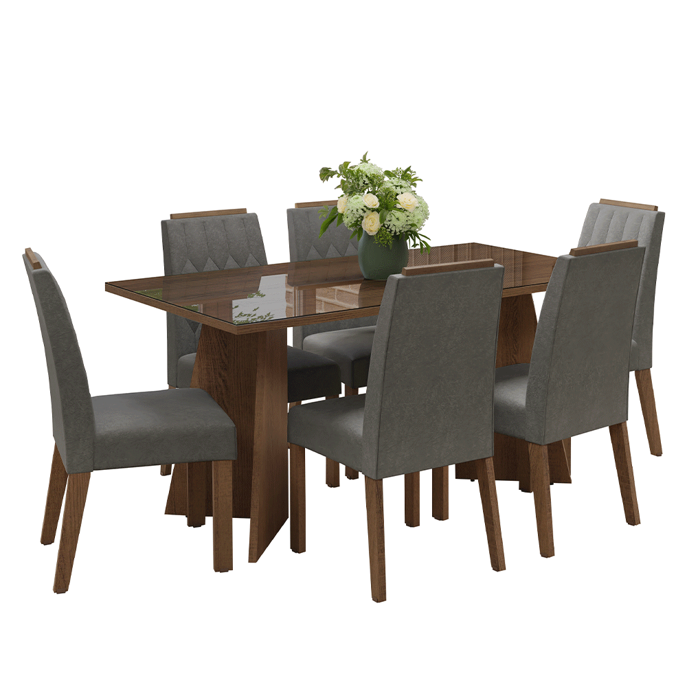Juego de Comedor Mesada de Vidrio 6 Sillas Sintra Marrón/Silver