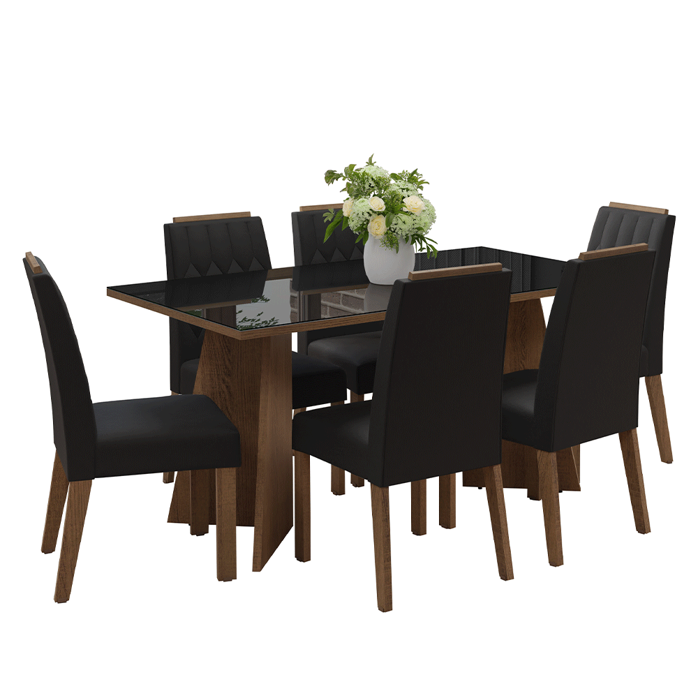 Juego de Comedor con Vidrio Sobrepuesto 6 Sillas Marrón/Negro/Oxford Sintra Madesa