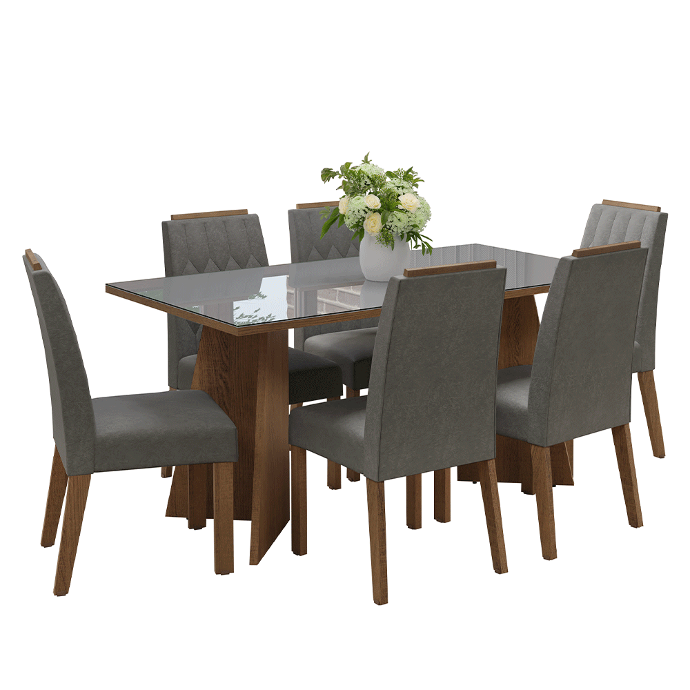 Juego de Comedor con Vidrio Sobrepuesto 6 Sillas Marrón/Gris/Silver Sintra Madesa