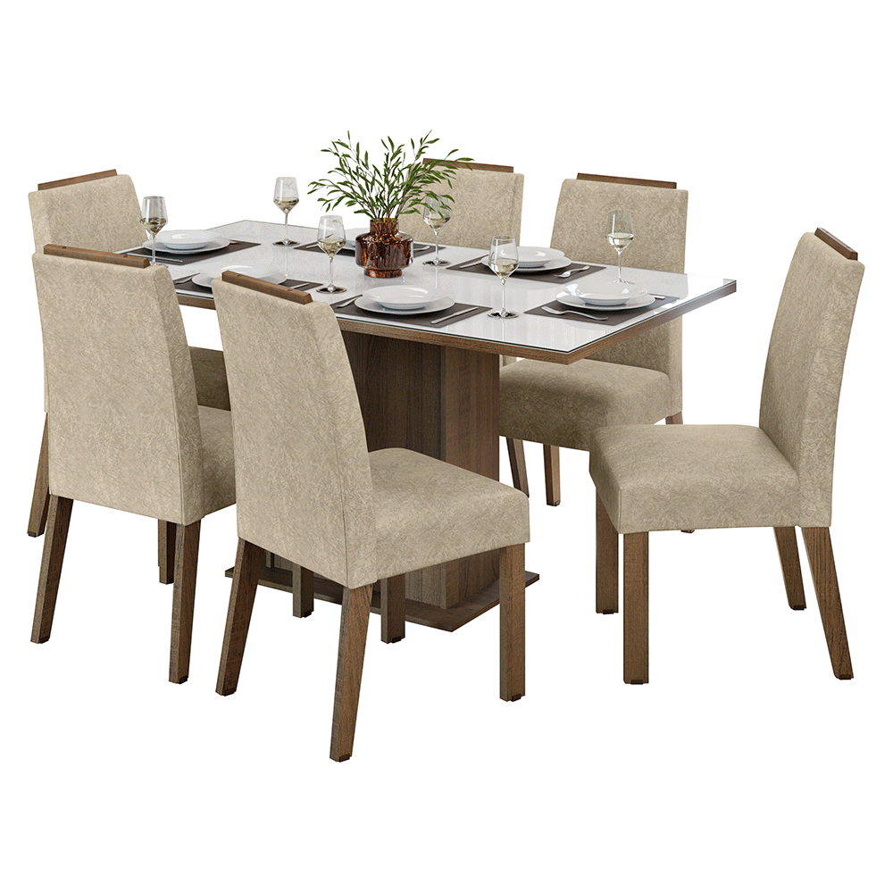 Juego de Comedor Tapa de Vidrio 6 Sillas Marrón/Blanco/Imperial Dália Madesa