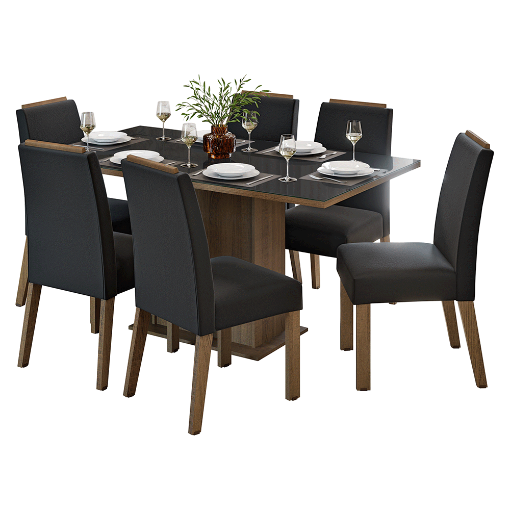 Juego de Comedor Tapa de Vidrio 6 Sillas Marrón/Negro/Oxford Dália Madesa