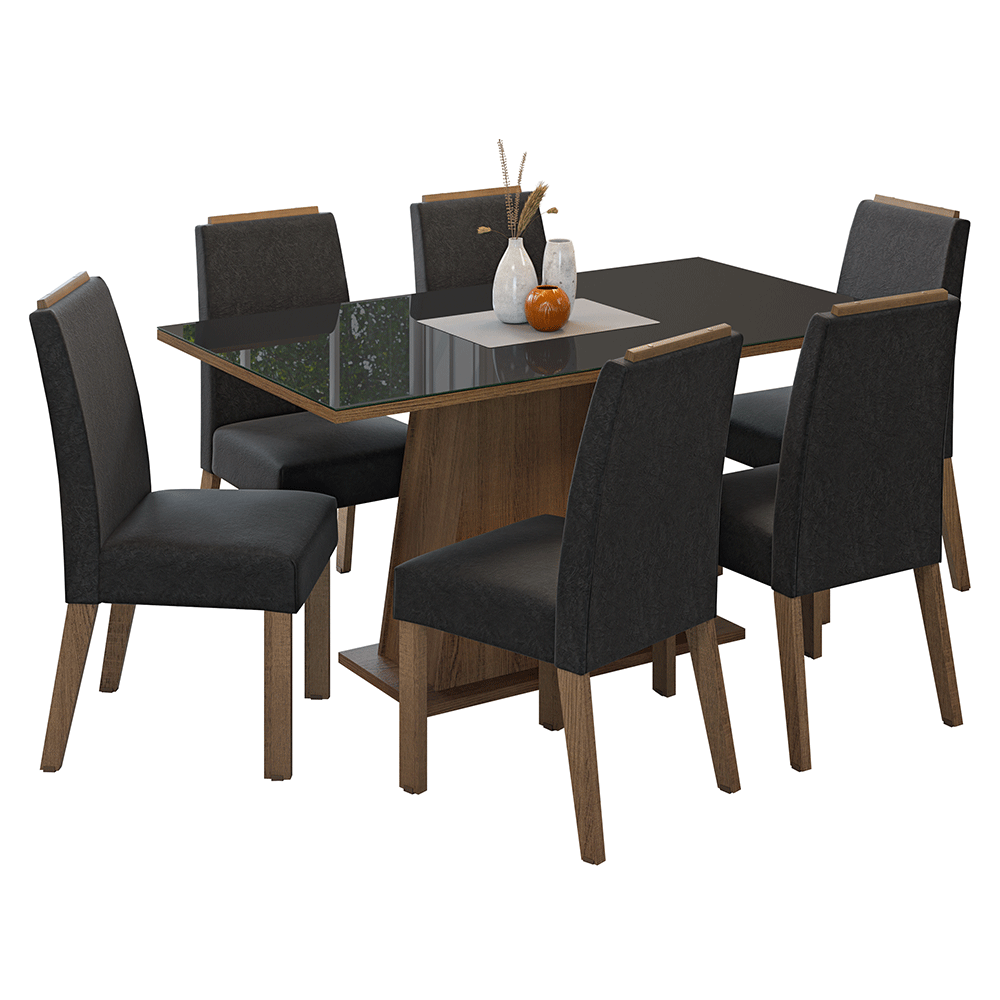 Juego de Comedor Tapa de Vidrio 6 Sillas Marrón/Negro/Oxford Tulipa Madesa