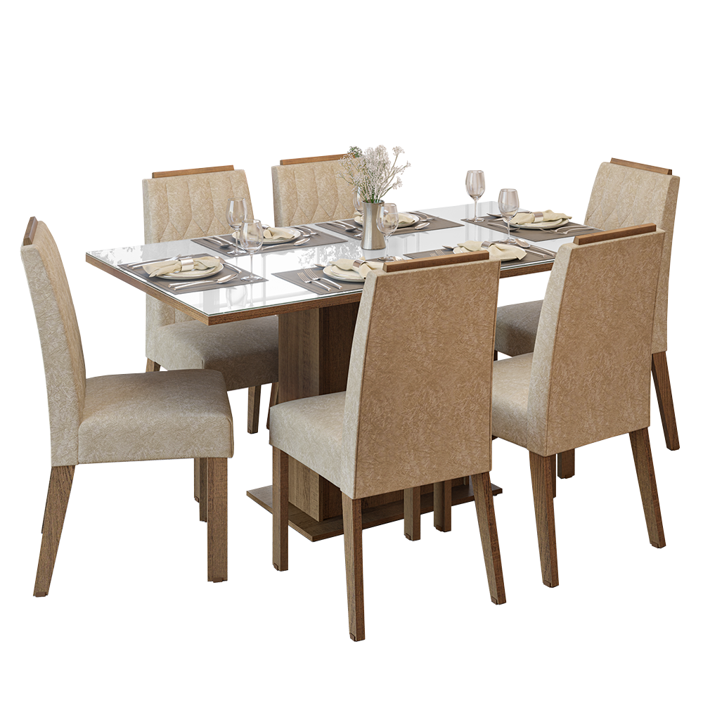 Juego de Comedor Tapa de Vidrio 6 Sillas Marrón/Blanco/Imperial Azaleia Madesa