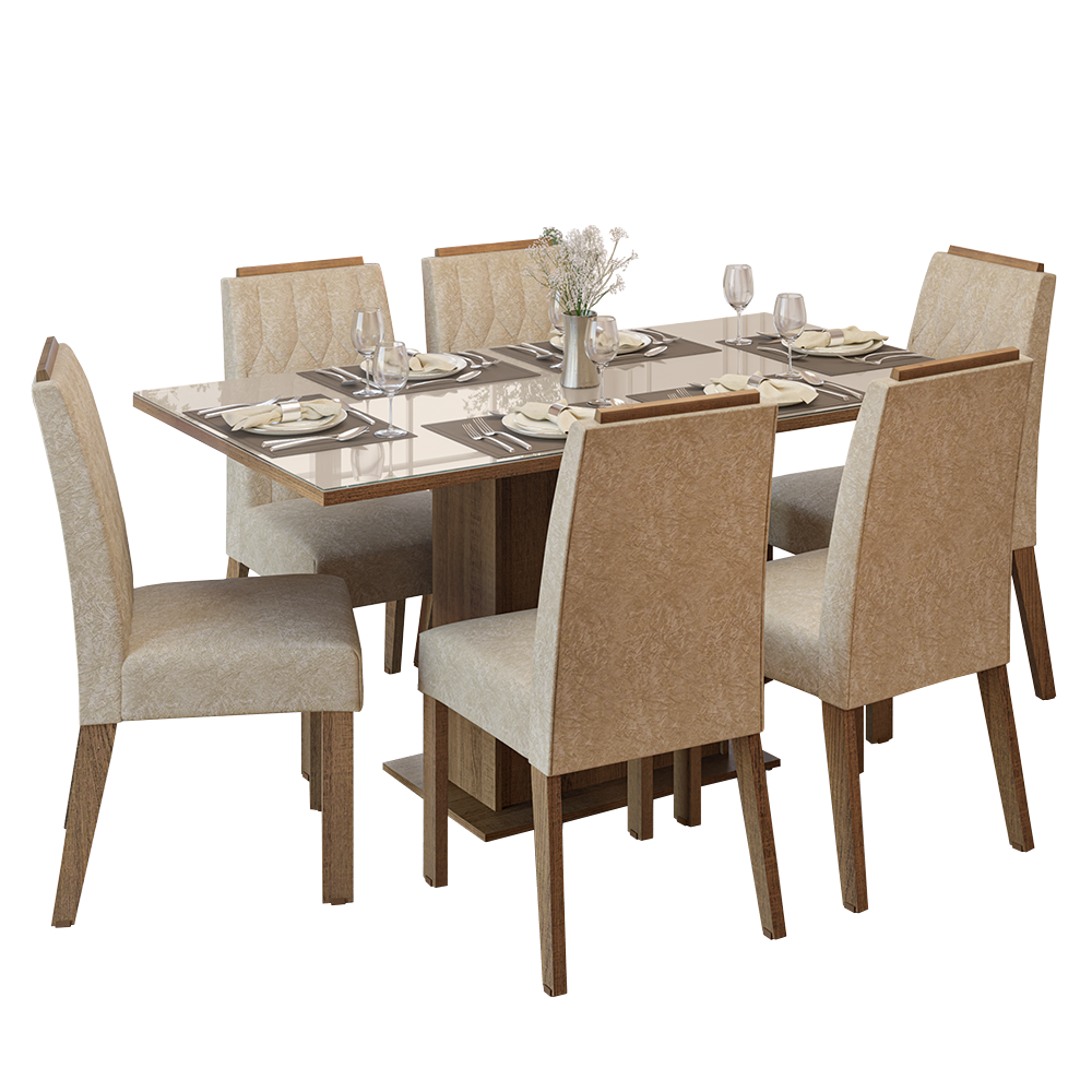 Juego de Comedor Tapa de Vidrio 6 Sillas Marrón/Crema/Imperial Azaleia Madesa