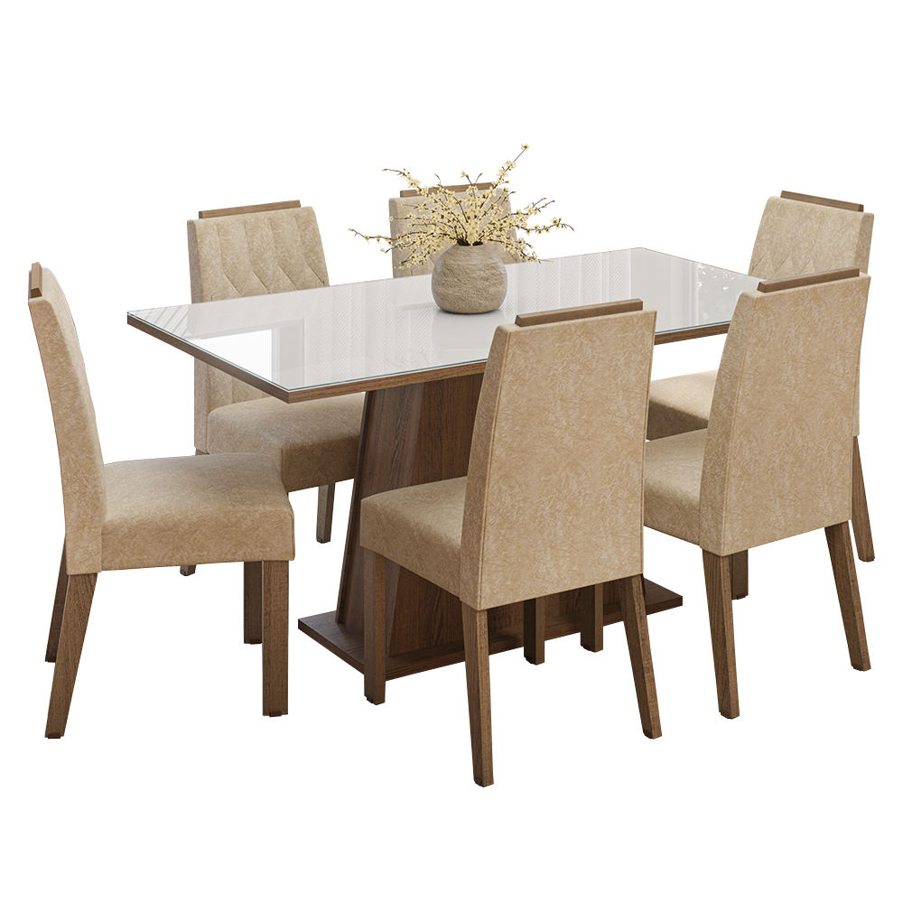 Juego de Comedor Tapa de Vidrio 6 Sillas Marrón/Blanco/Imperial Peônia Madesa
