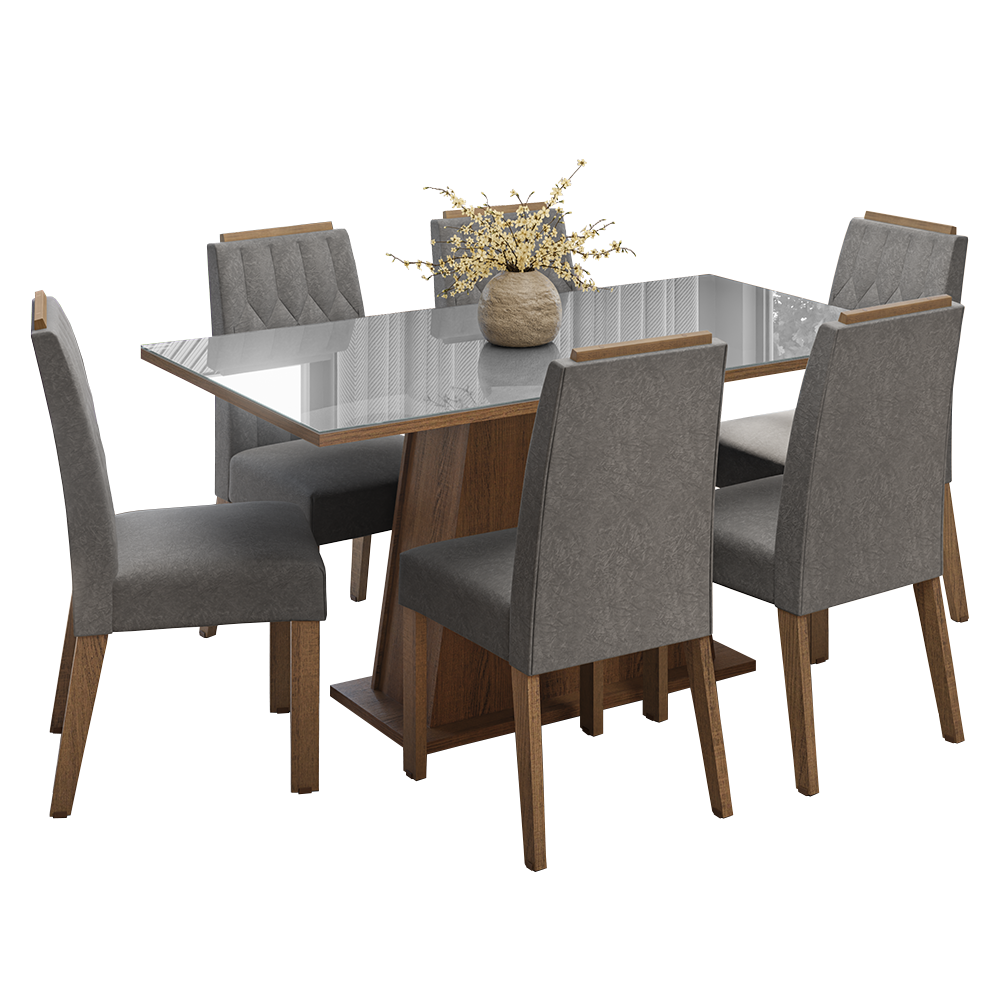 Juego de Comedor Tapa de Vidrio 6 Sillas Marrón/Gris/Silver Peônia Madesa