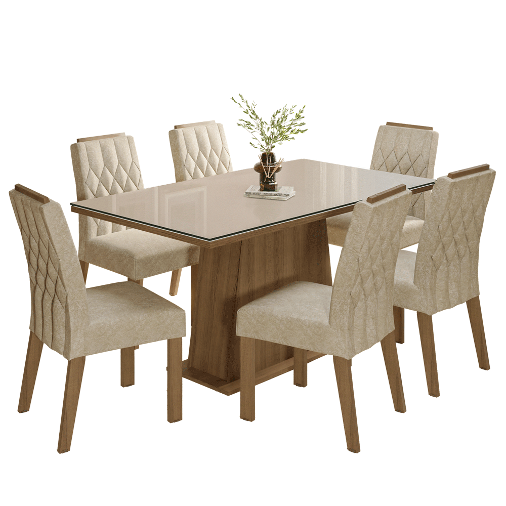 Juego de Comedor Tapa de Vidrio 6 Sillas Marrón/Crema/Imperial Avenca Madesa