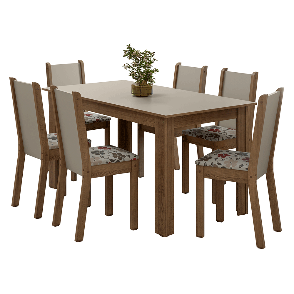 Juego Comedor Lucena Mesa Tapa de Madera 6 Sillas Marrón/Crema/Floral Hibiscos Madesa