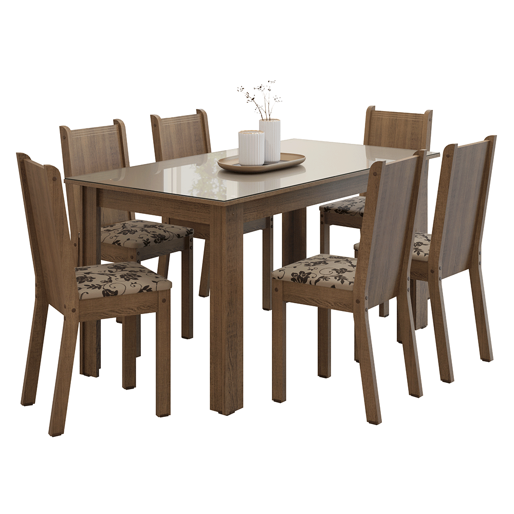 Juego de Comedor Mesa Tapa de Vidrio 6 Sillas Marrón/Crema/Tapizado Beige Marrón Madesa