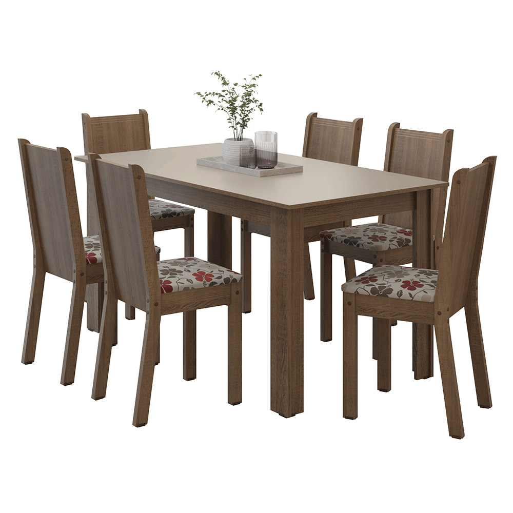 Juego de Comedor Mesa con Tapa de Madera 6 Sillas Marrón/Crema/Floral Hibiscos Madesa