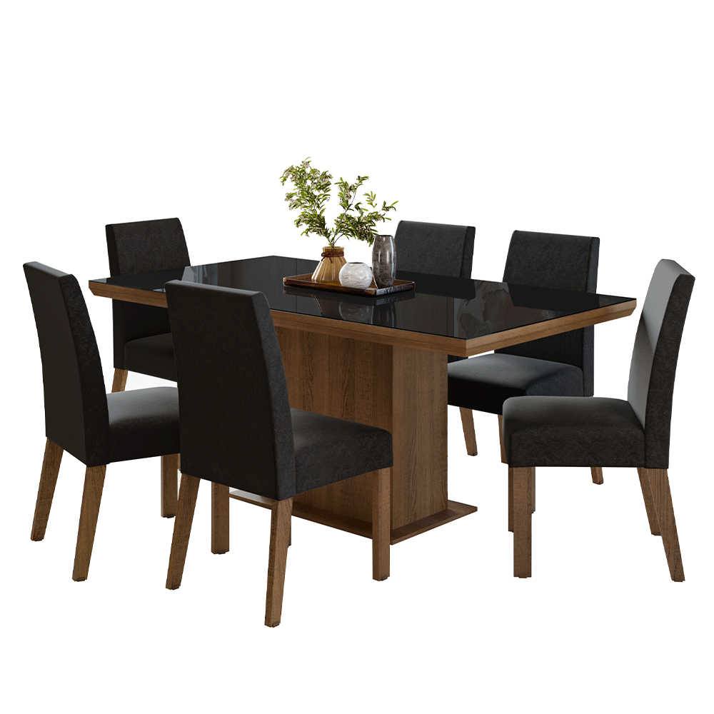 Juego de Comedor Tapa con Vidrio 6 Sillas Marrón/Negro/Oxford Alba Madesa
