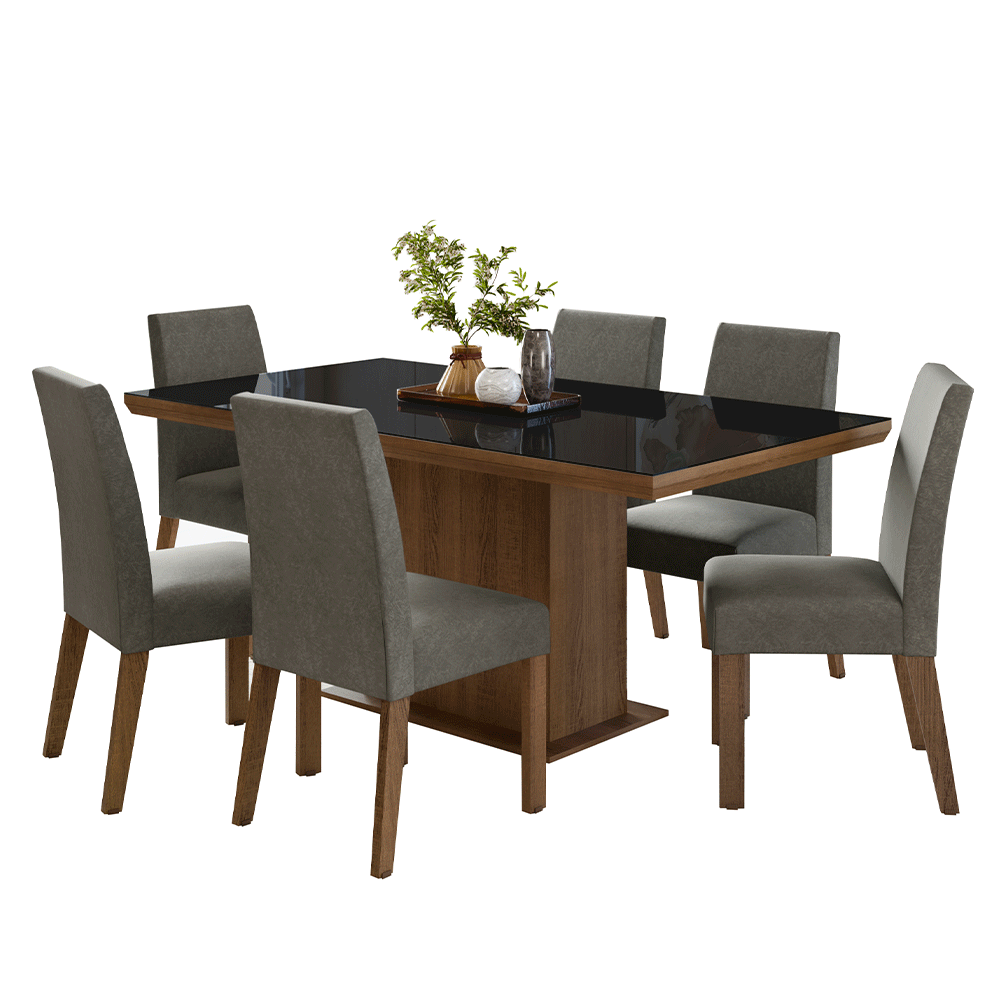 Juego de Comedor Tapa con Vidrio 6 Sillas Marrón/Negro/Silver Alba Madesa