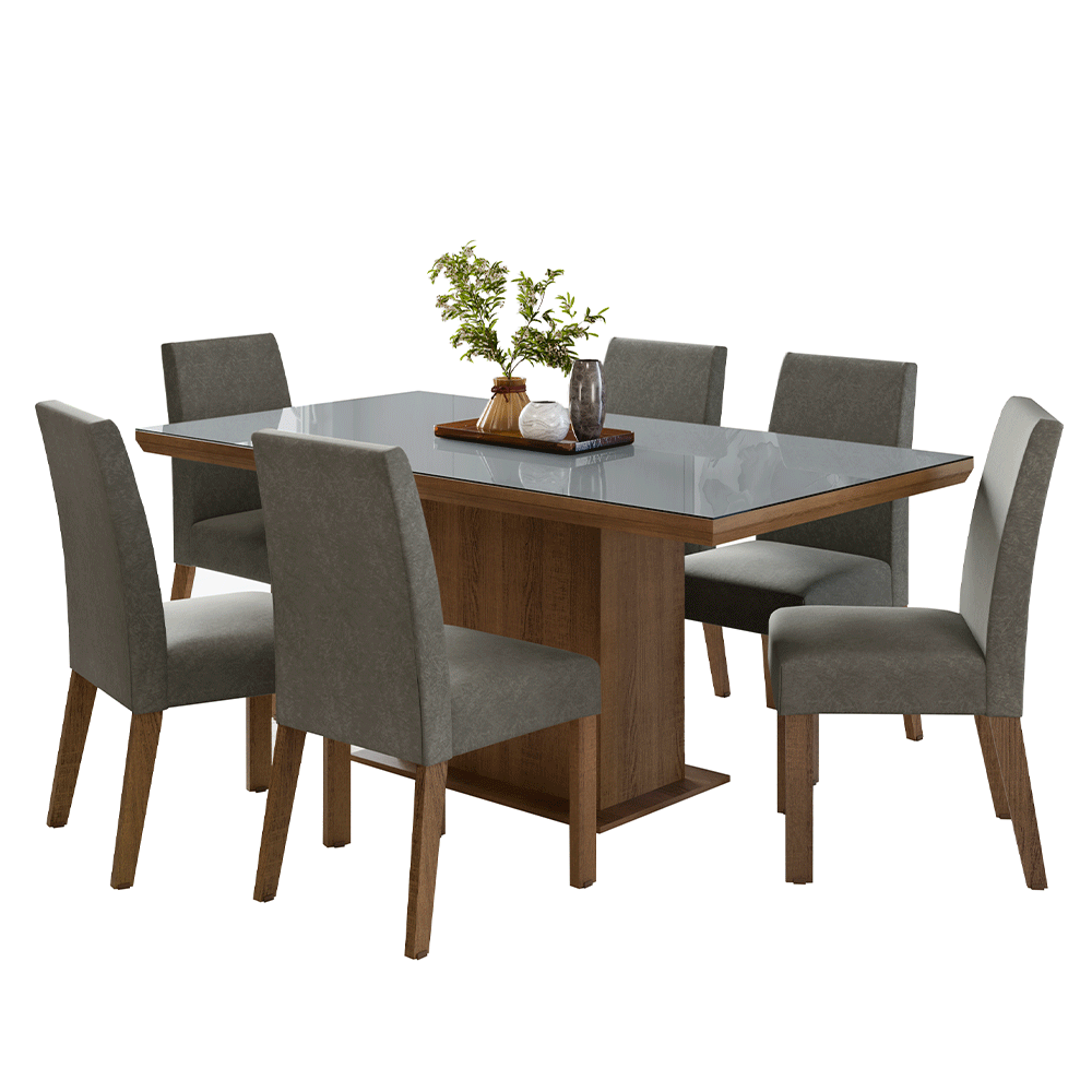 Juego de Comedor Tapa con Vidrio 6 Sillas Marrón/Gris/Silver Alba Madesa