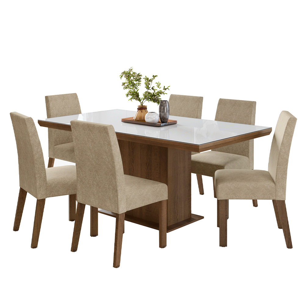 Juego de Comedor Tapa con Vidrio 6 Sillas Marrón/Blanco/Imperial Alba Madesa