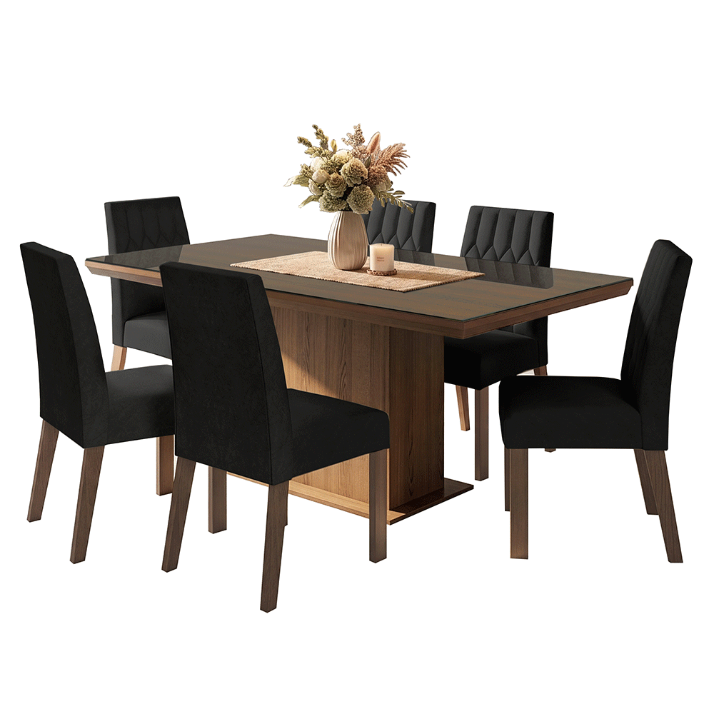 Juego de Comedor Tapa con Vidrio 6 Sillas Marrón/Oxford Dinan Madesa
