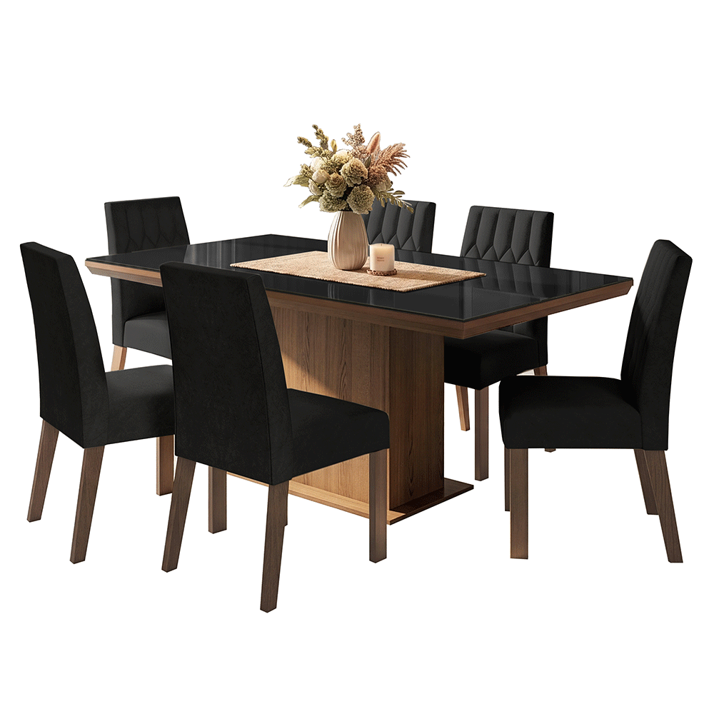 Juego de Comedor Tapa con Vidrio 6 Sillas Marrón/Negro/Oxford Dinan Madesa