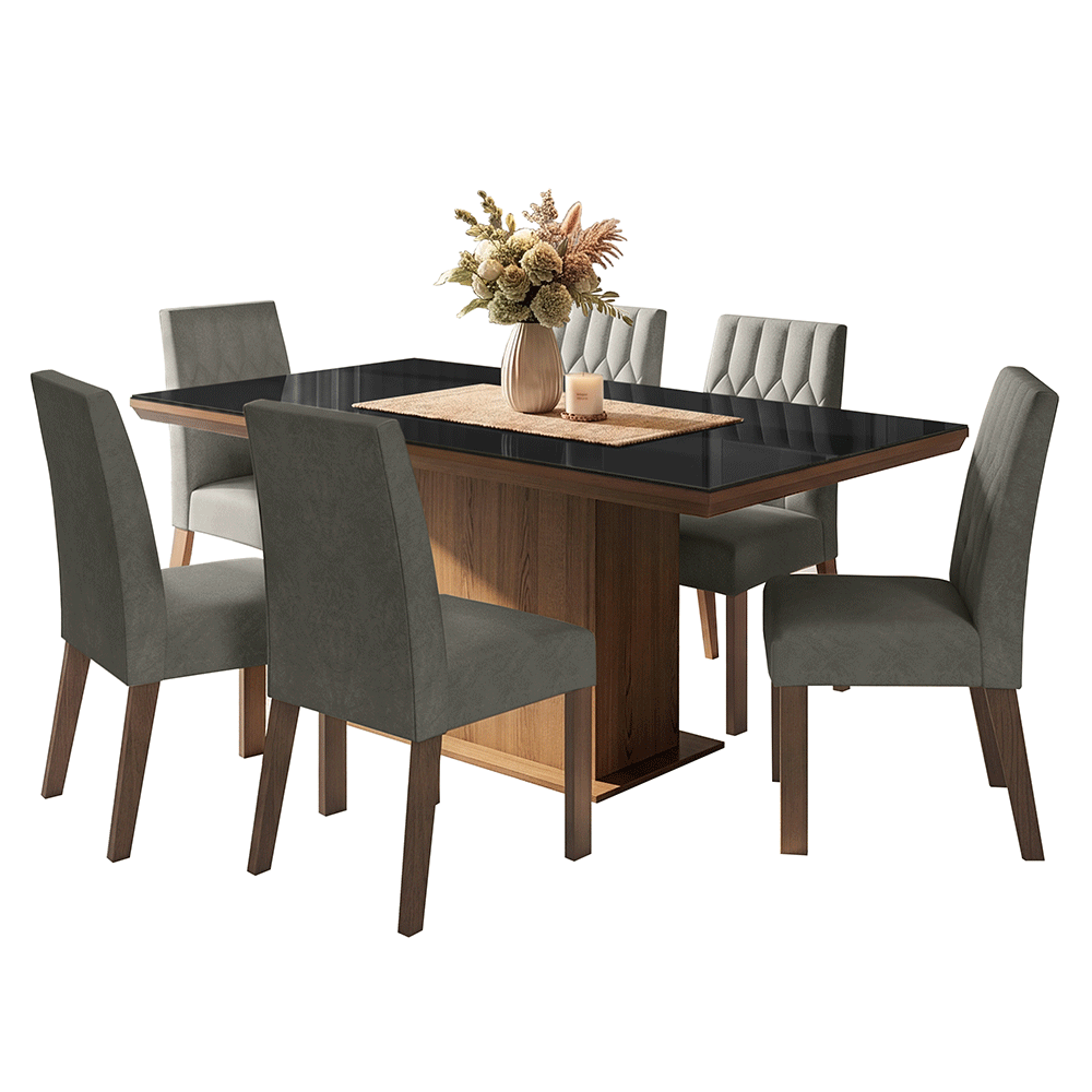 Juego de Comedor Tapa con Vidrio 6 Sillas Marrón/Negro/Silver Dinan Madesa