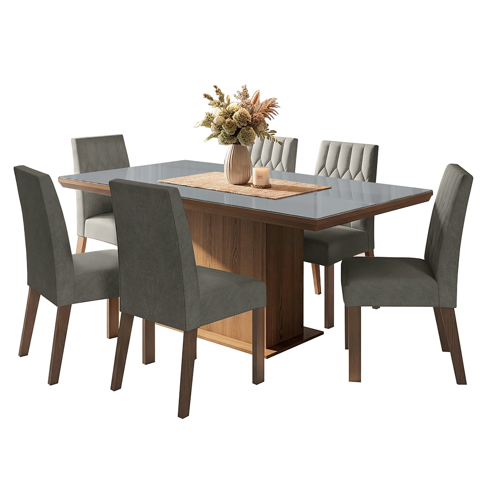 Juego de Comedor Tapa con Vidrio 6 Sillas Marrón/Gris/Silver Dinan Madesa