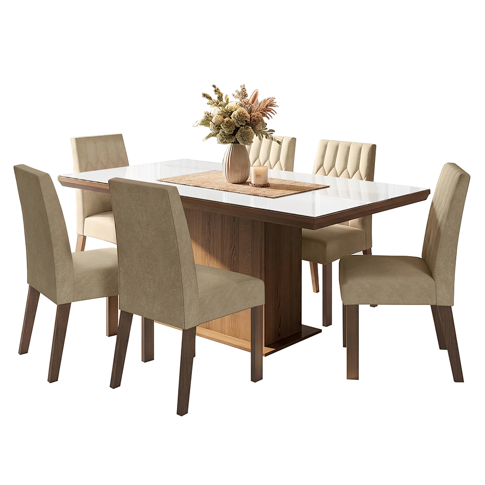 Juego de Comedor Tapa con Vidrio 6 Sillas Marrón/Blanco/Imperial Dinan Madesa