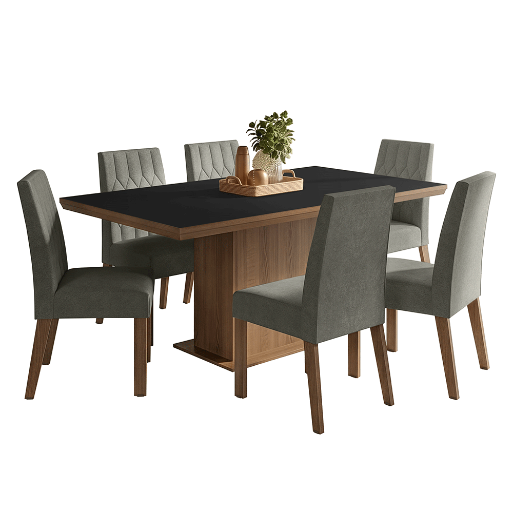Juego de Comedor con Tapa de Madera 6 Sillas Marrón/Negro/Silver Luso Madesa