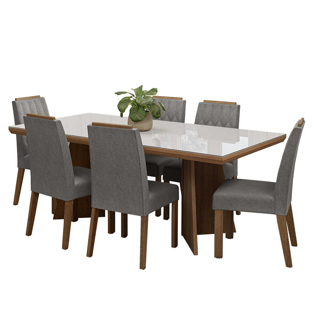 Juego de Comedor Tapa con Vidrio 6 Sillas Marrón/Blanco/Silver Pienza Madesa