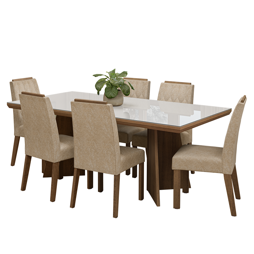 Juego de Comedor Tapa con Vidrio 6 Sillas Marrón/Blanco/Imperial Pienza Madesa