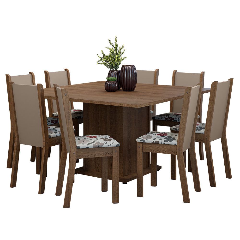 Juego de Comedor Mesa Tapa de Madera 8 Sillas Marrón/Crema/Hibiscos Marisa Madesa