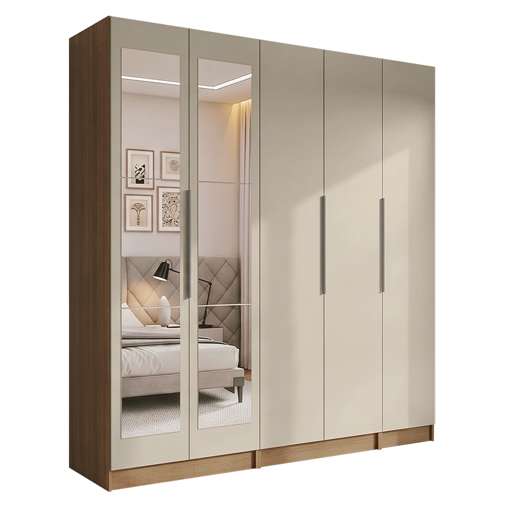 Placard Matrimonial 200 cm 5 Puertas con 2 Espejos 2 Cajones Marrón/Crema Neo Madesa