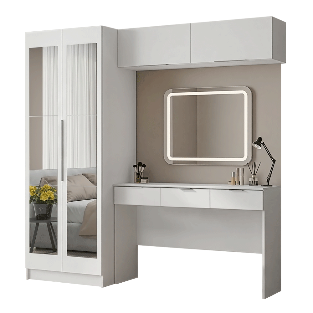 Conjunto Dormitorio 1 Tocador 2 Alacenas 1 Placard con Espejos 2 Puertas Neo Blanco Madesa