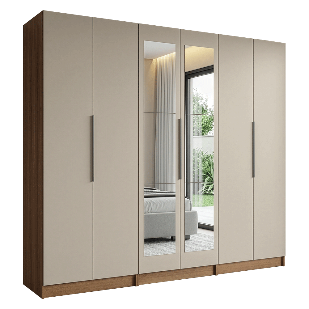Placard Modular 240 cm 6 Puertas con Espejos 4 Cajones Marrón/Crema Neo Madesa 02