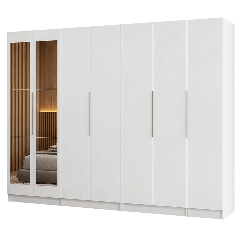 Placard Modular 280 cm 7 Puertas con Espejos 4 Cajones Blanco Neo Madesa 01
