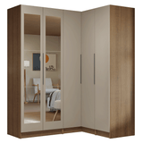 Dormitorio Completo Matrimonial Esquinero 310 cm 5 Puertas con Espejos 2 Cajones Marrón/Crema Neo Madesa 03