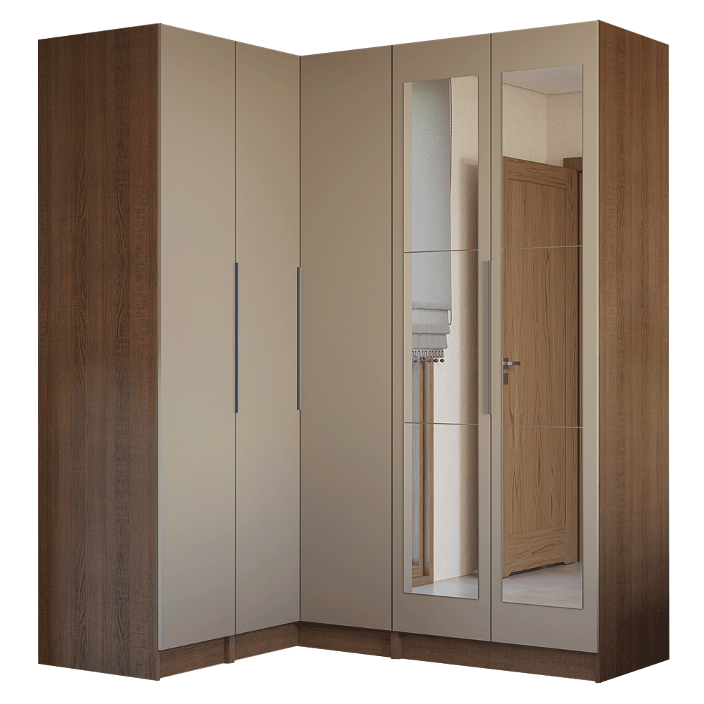 Dormitorio Completo Matrimonial Esquinero 310 cm 5 Puertas con Espejos 2 Cajones Marrón/Crema Neo Madesa 04